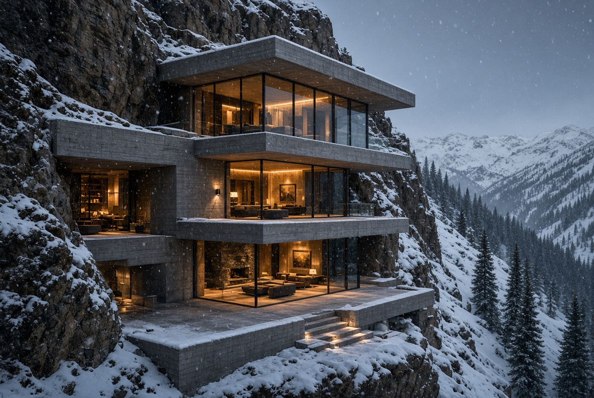 Concrete and glass residence built into a snowy cliffside at dusk