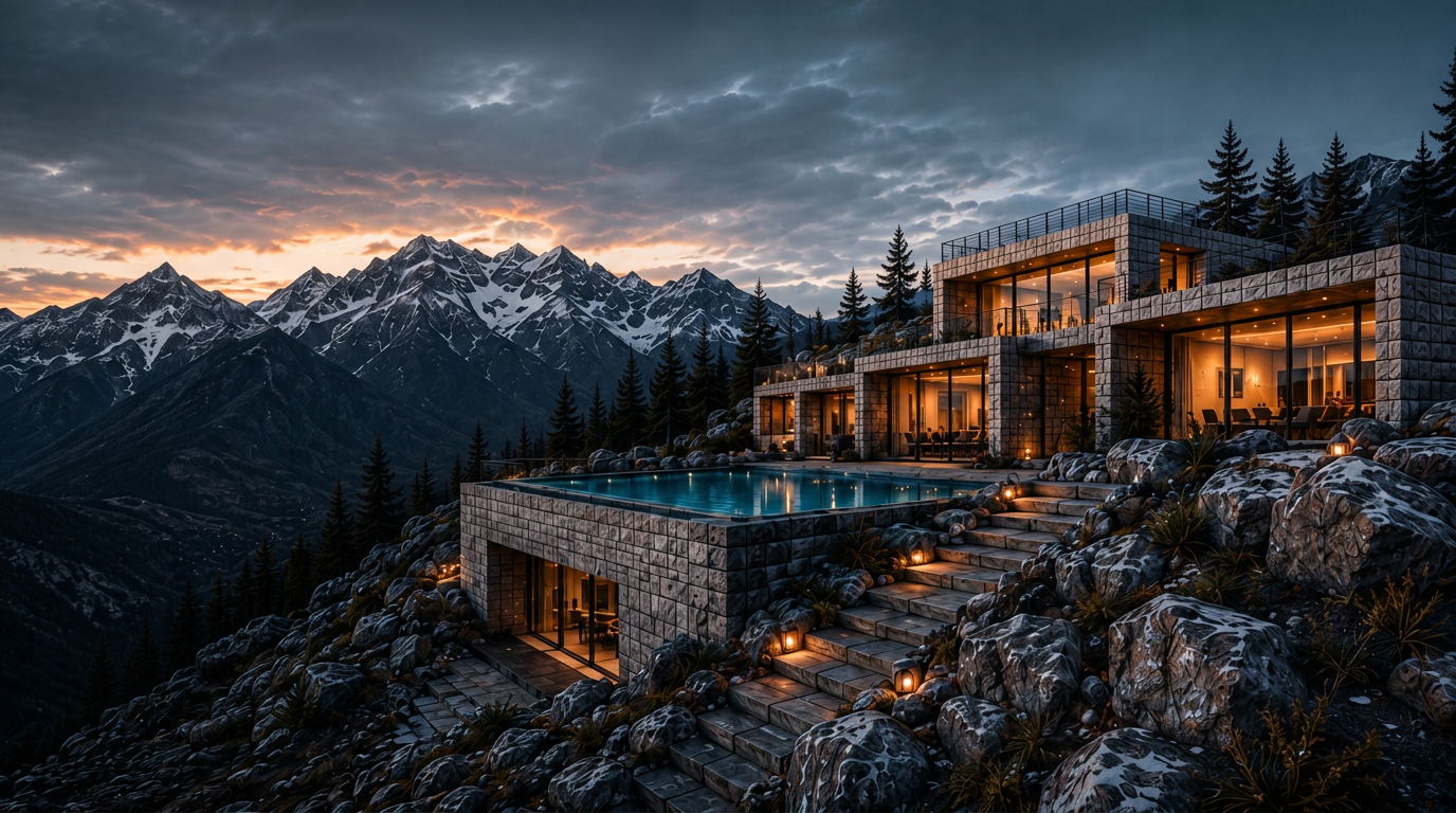 Contemporary stone and glass estate set into a Wasatch mountainside at dusk